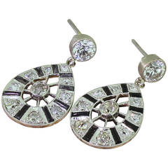 1930s Art Deco 1.84 Carat Old Cut Diamond Onyx Drop Earrings