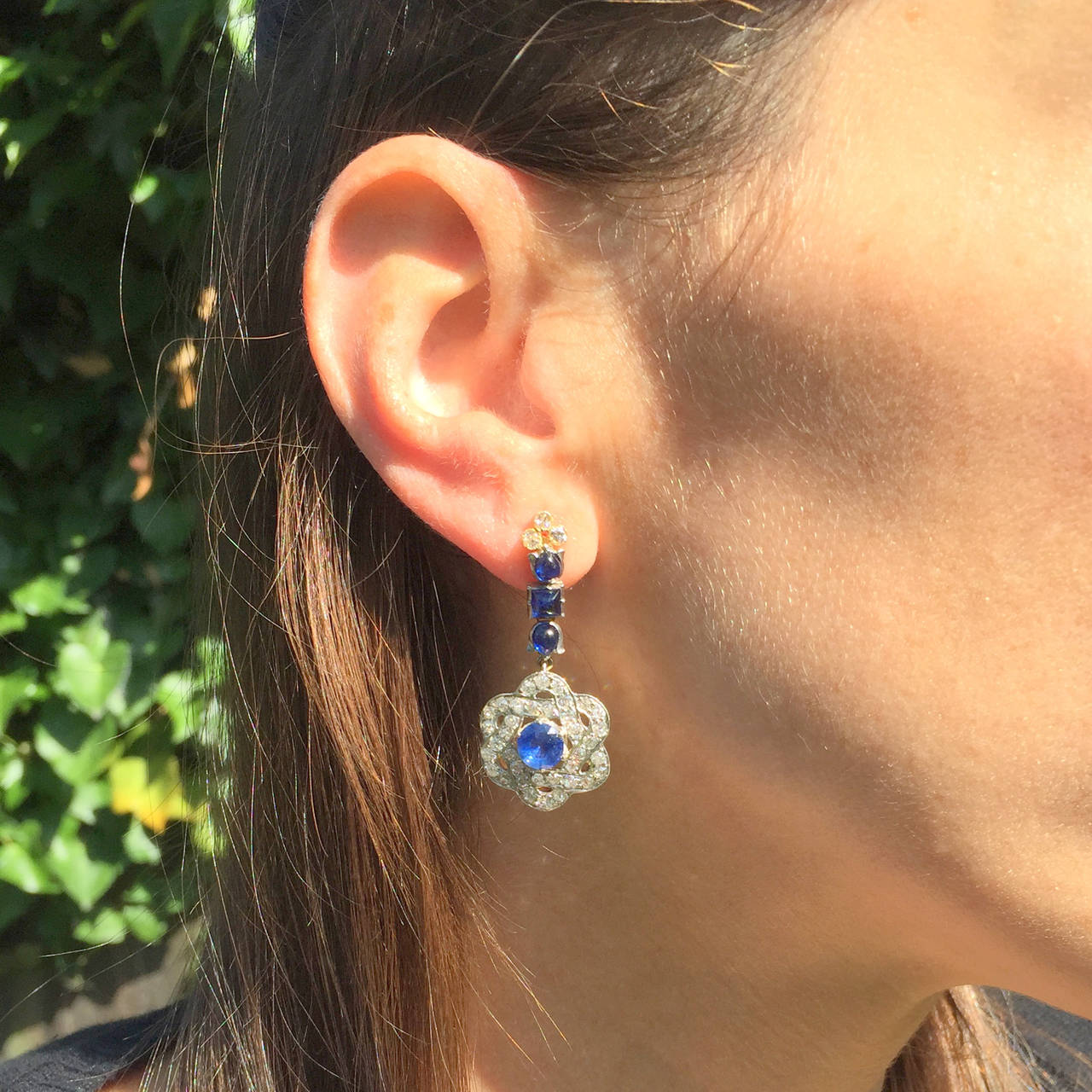 Sapphire Diamond Gold Platinum Lotus Drop Earrings For Sale 1