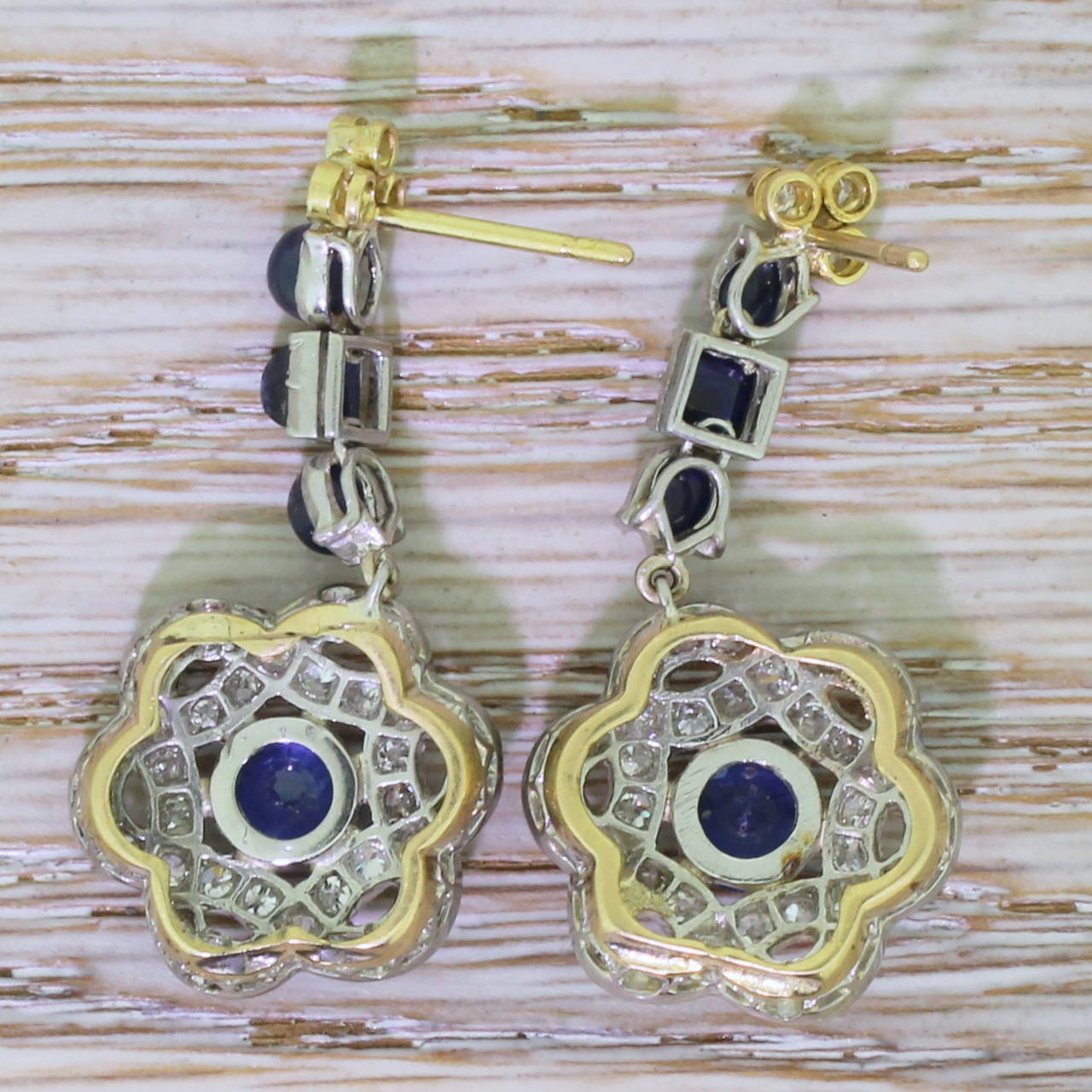 Sapphire Diamond Gold Platinum Lotus Drop Earrings In Excellent Condition For Sale In Theydon Bois, Essex