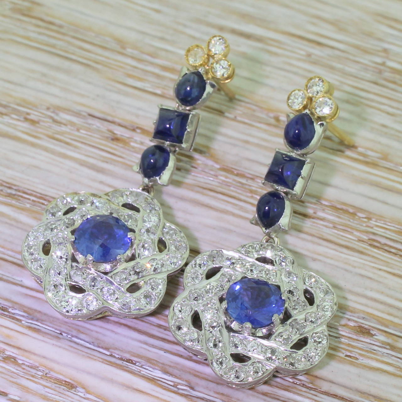 Sapphire Diamond Gold Platinum Lotus Drop Earrings For Sale 2