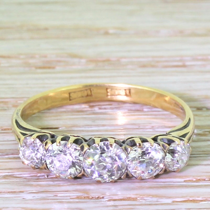 Victorian 1.30 Carat Old Cut Diamond Gold Five Stone Ring