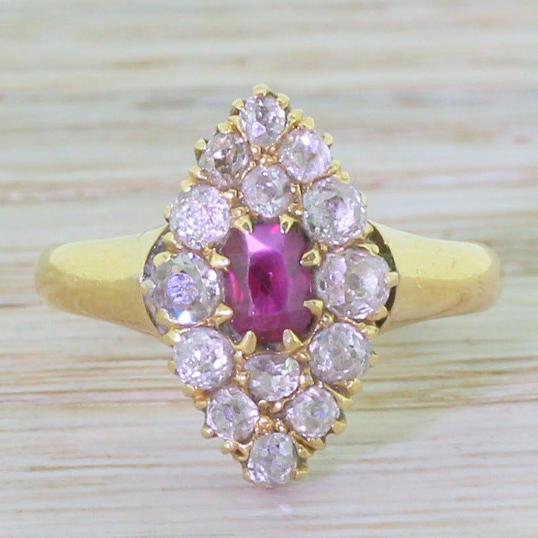 Victorian Ruby and Old Cut Diamond Navette Cluster Ring