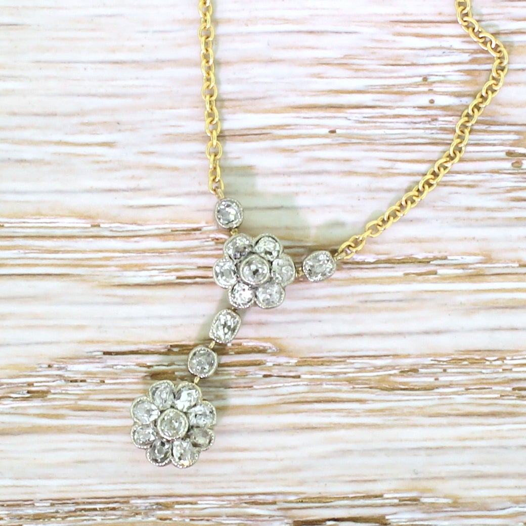 Edwardian Old Cut Diamond Double Daisy Pendant Necklace c1905 2