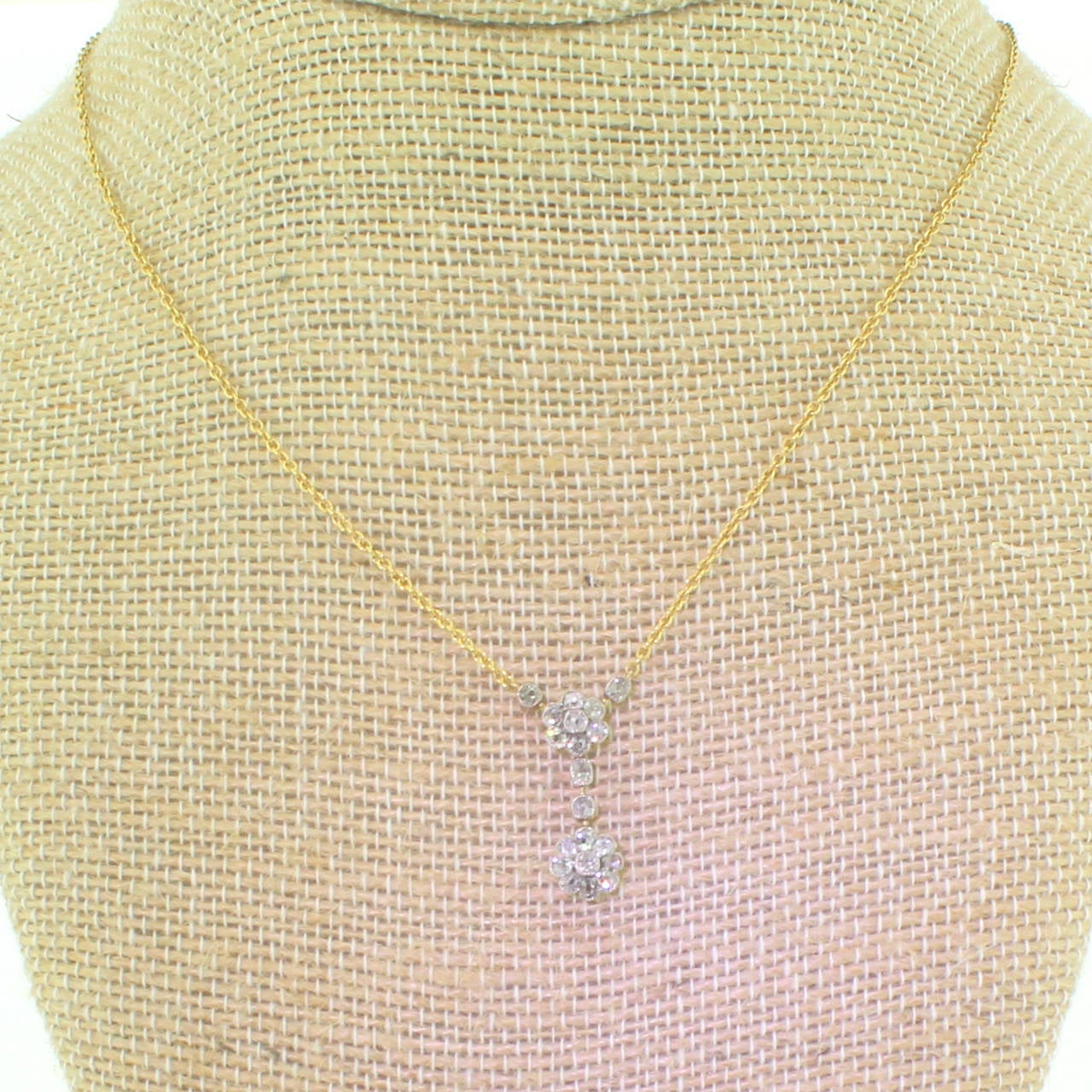 Women's Edwardian Old Cut Diamond Double Daisy Pendant Necklace c1905