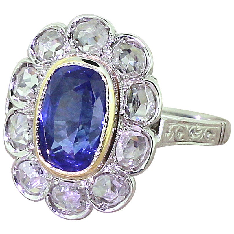 Art Deco Sapphire & Rose Cut Diamond Gold Cluster Ring For Sale