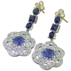 Antique Sapphire Diamond Gold Platinum Lotus Drop Earrings
