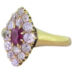 Antique Victorian Ruby and Old Cut Diamond Navette Cluster Ring