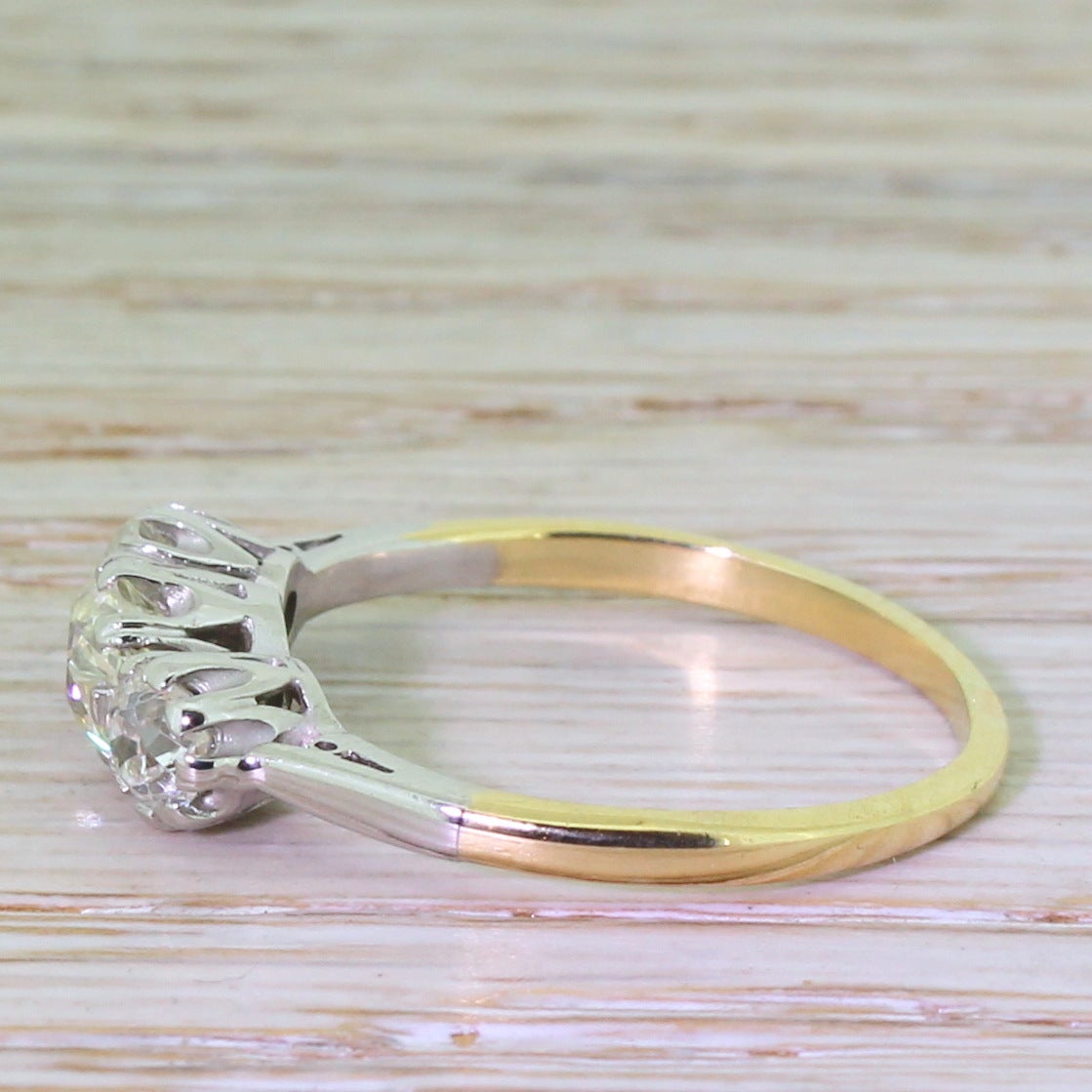 Victorian 1.30 Carat Old Cut Diamond Gold Platinum Trilogy Ring In Excellent Condition In Theydon Bois, Essex