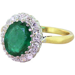 Mid Century 2.00 Carat Emerald Diamond Gold Cluster Ring