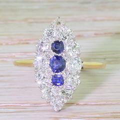 Art Deco Sapphire Old Cut Diamond Gold Navette Ring