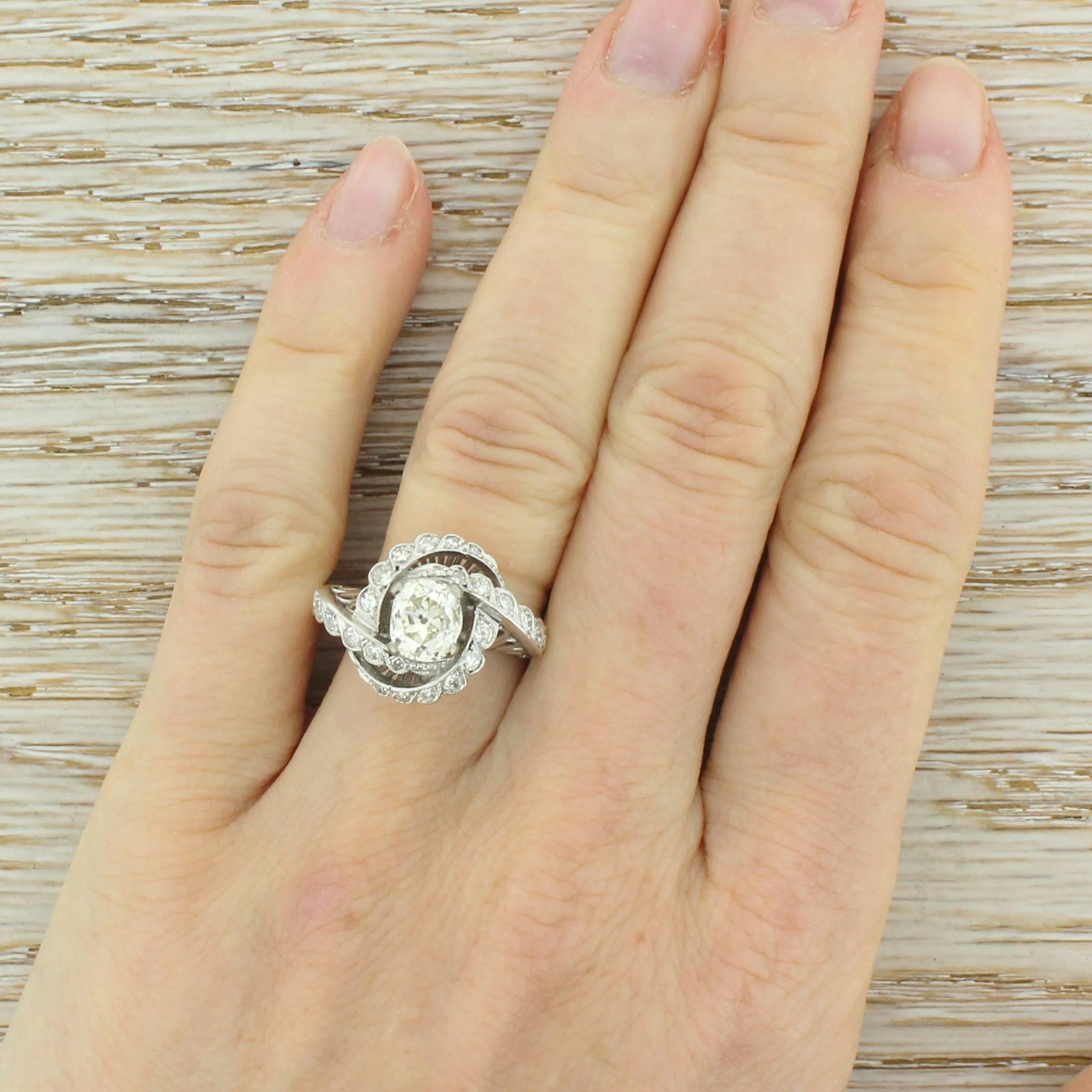 Art Deco 1.21 Carat Old Cut Diamond “Swirl” Platinum Engagement Ring For Sale 1