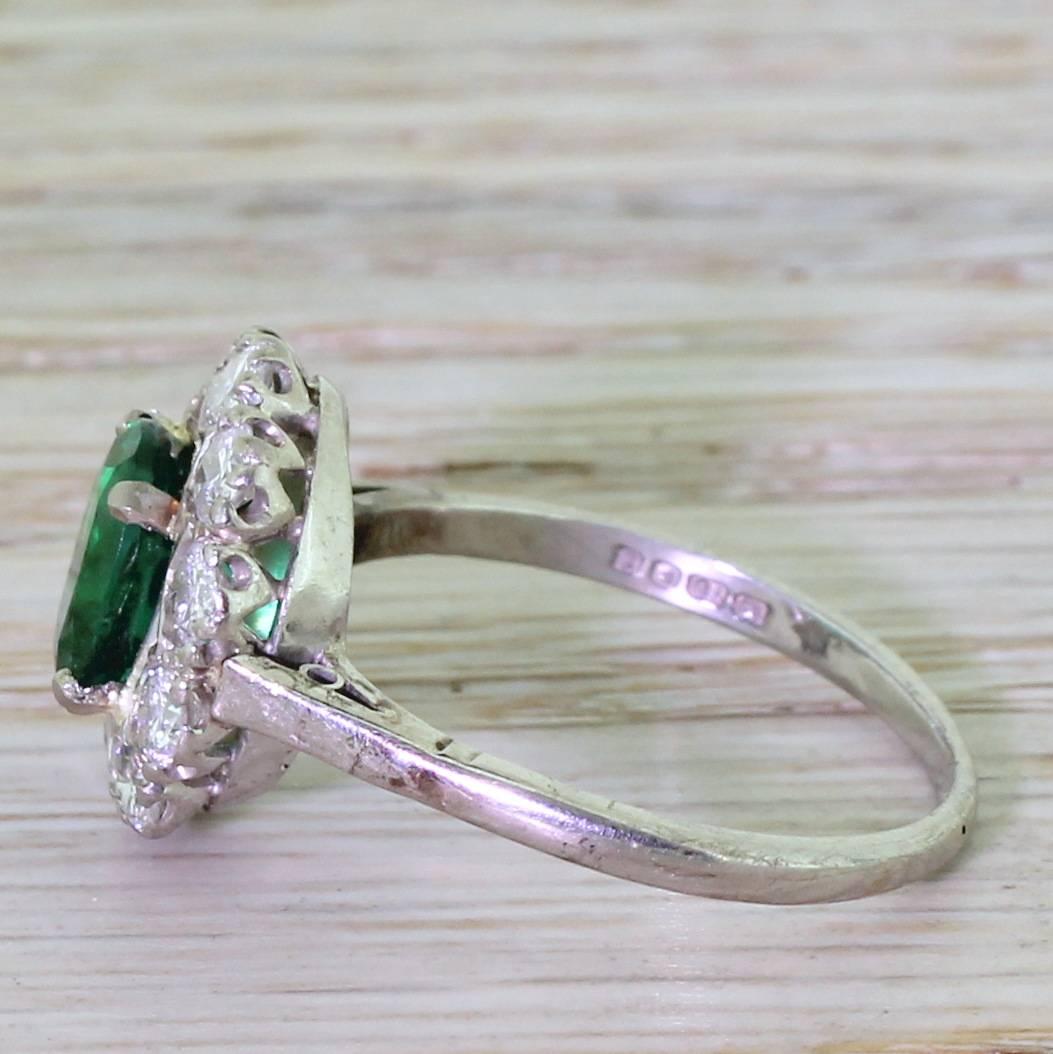 Late 20th Century 1.43 Carat Colombian Emerald & Diamond White Gold Cluster Ring In Excellent Condition For Sale In Theydon Bois, Essex
