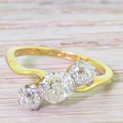 Art Deco 1.28 Carat Old Cut Diamond gold Trilogy Crossover Ring