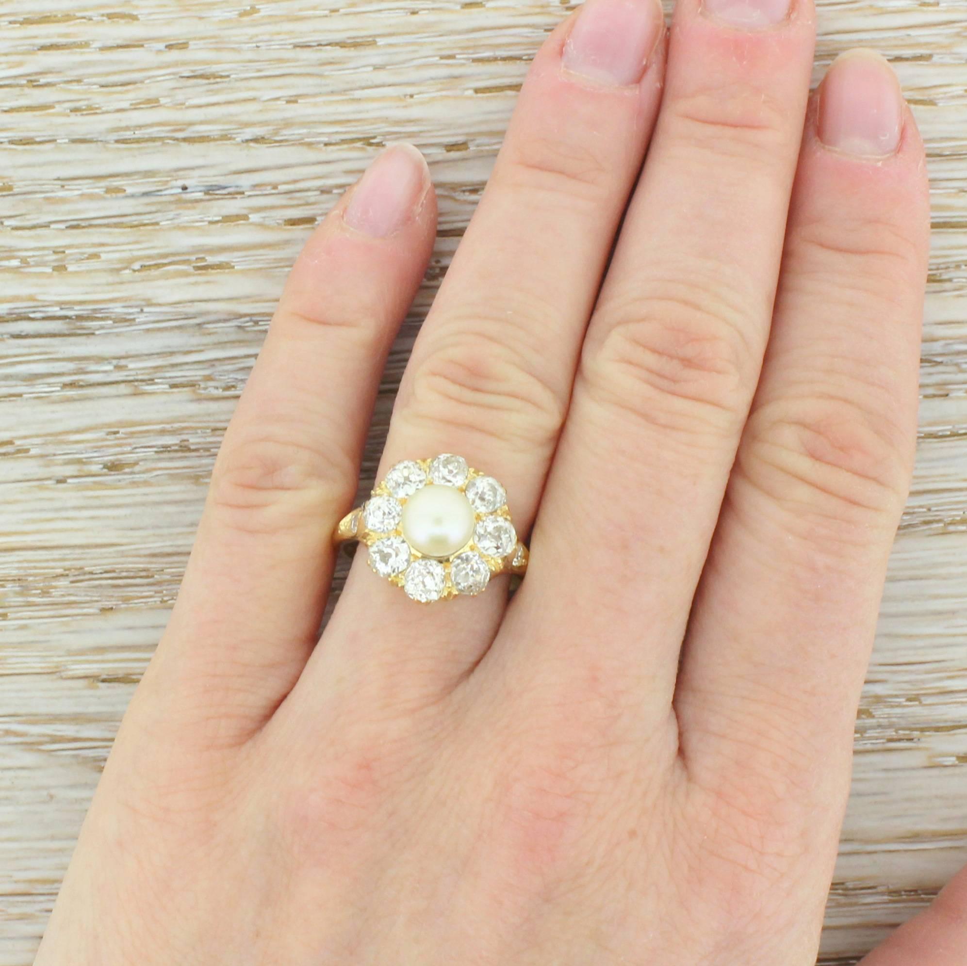 Victorian Natural Pearl Old Cut Diamond Cluster ring For Sale 1