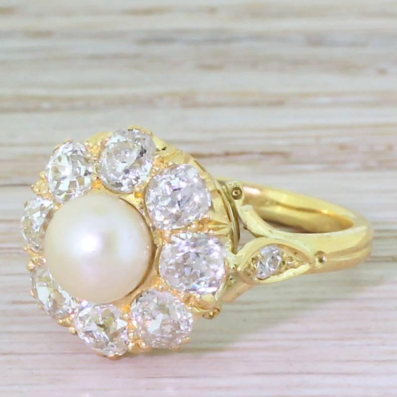 Victorian Natural Pearl Old Cut Diamond Cluster ring For Sale 3