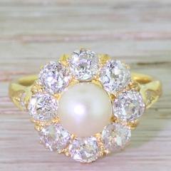 Victorian Natural Pearl Old Cut Diamond Cluster ring