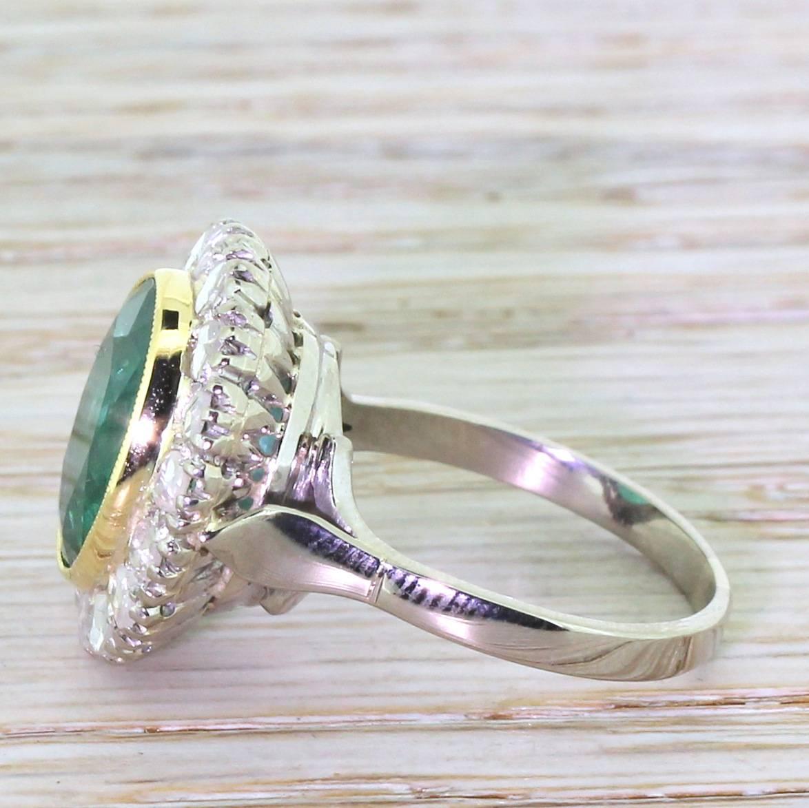 Retro Art Deco 5.70 Carat Emerald Rose Cut Diamond gold Cluster Ring