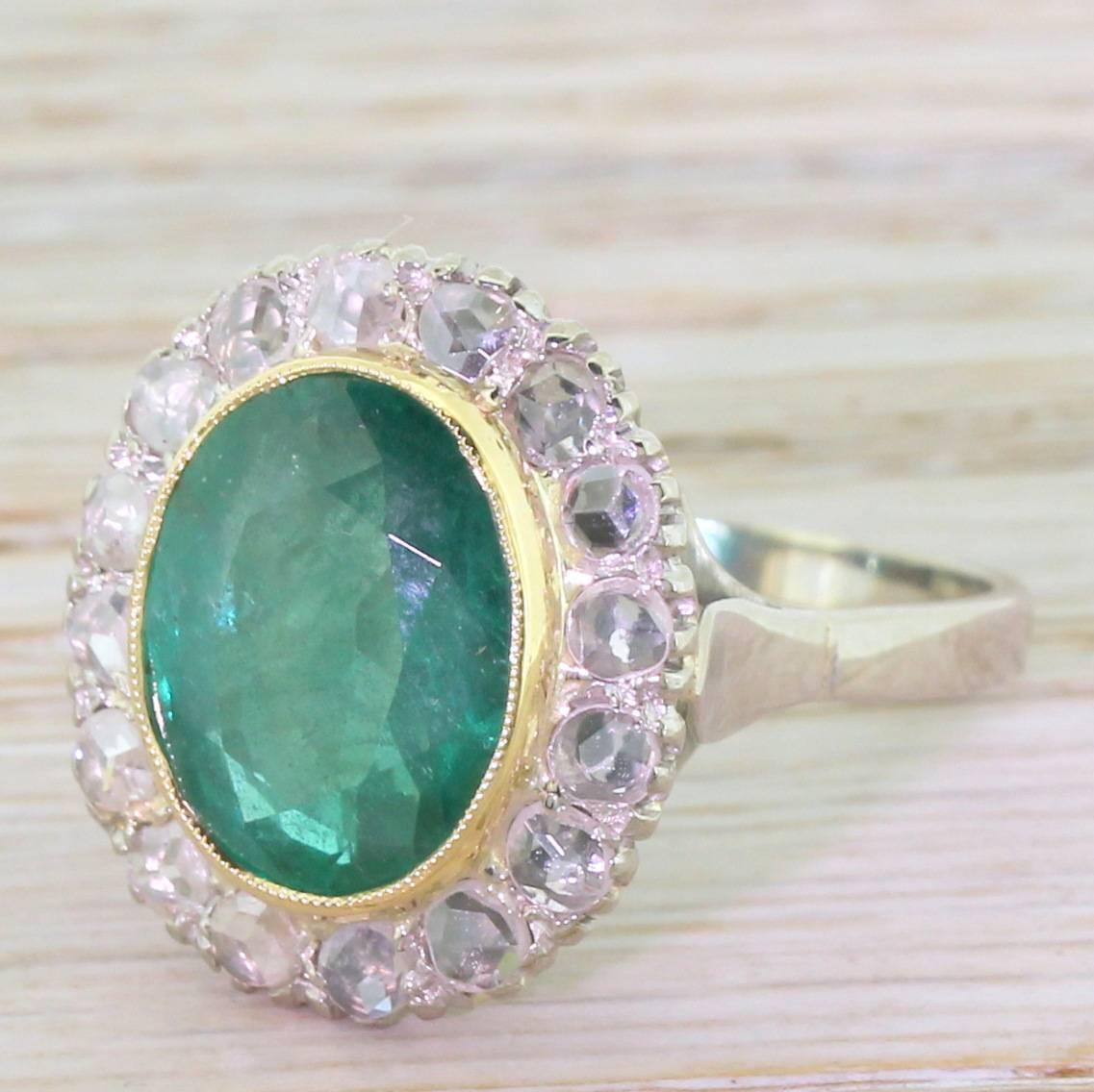 Art Deco 5.70 Carat Emerald Rose Cut Diamond gold Cluster Ring 1