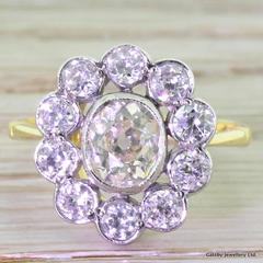 Art Deco 2.00 Carat Old Cut Diamond Gold Oval Cluster Ring