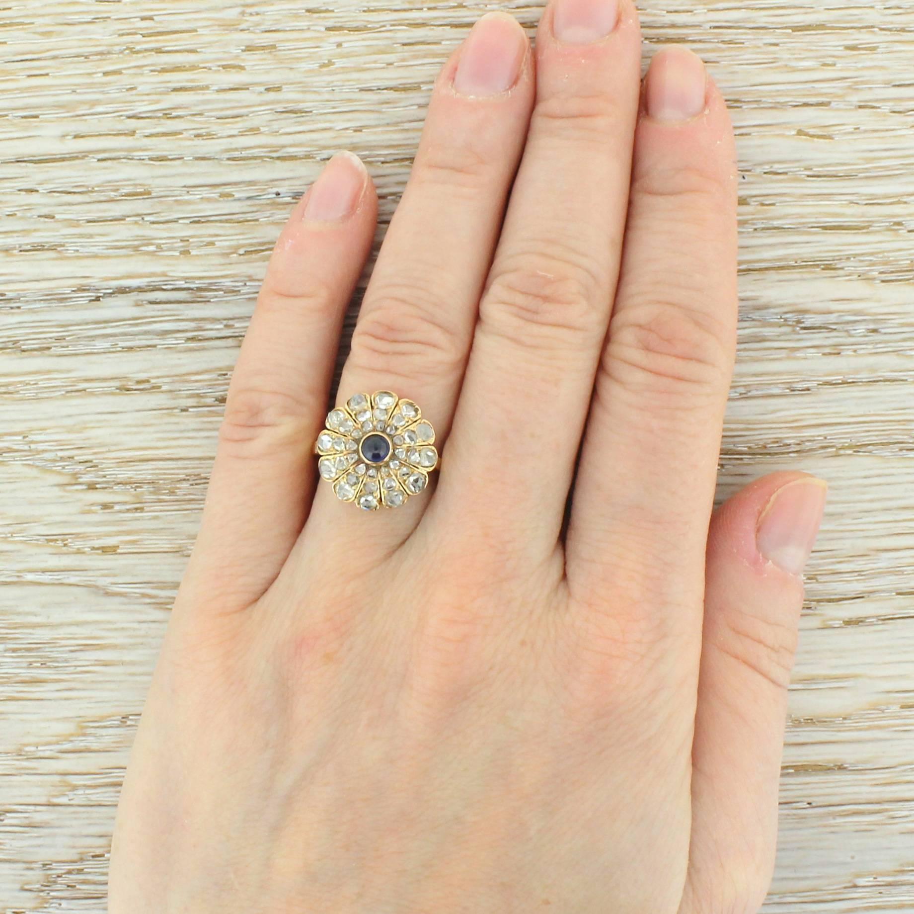 Edwardian Cabochon Sapphire & Rose Cut Diamond Cluster Ring 1