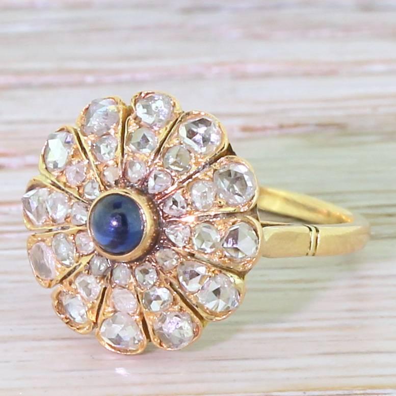 Edwardian Cabochon Sapphire & Rose Cut Diamond Cluster Ring 2