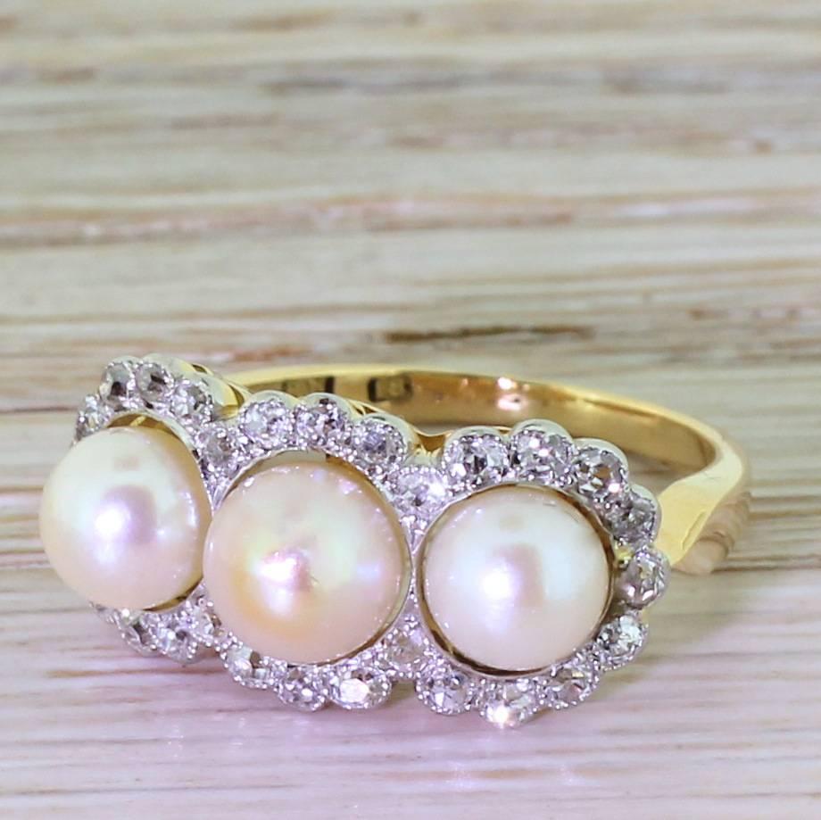 Art Deco Natural Pearl Old Cut Diamond Gold Triple Cluster Ring For Sale 2