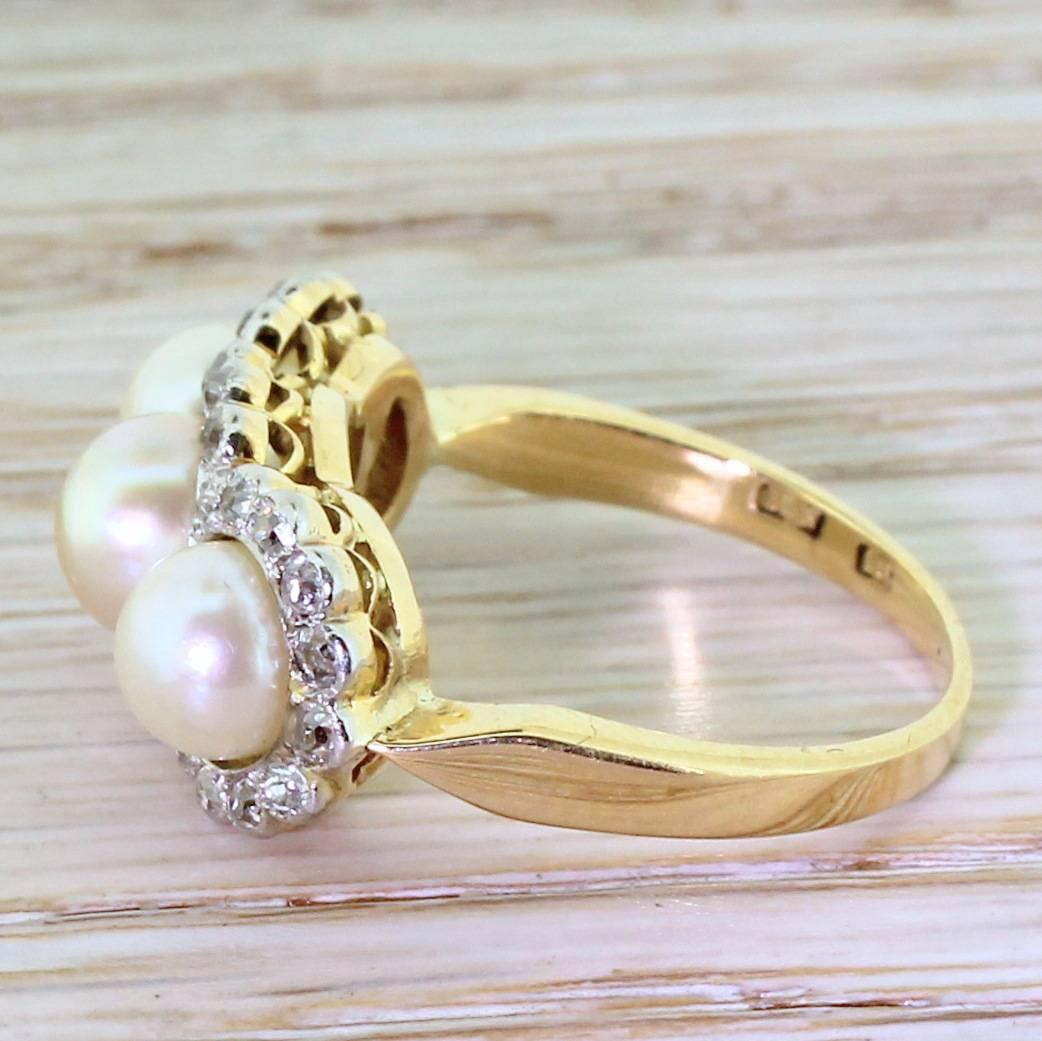 Art Deco Natural Pearl Old Cut Diamond Gold Triple Cluster Ring In Good Condition For Sale In Theydon Bois, Essex