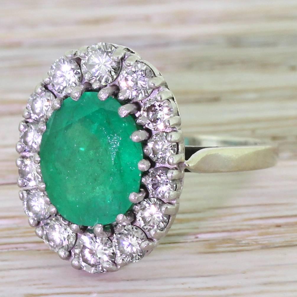 Mid Century French 3.00 Carat Emerald Diamond Gold Platinum Cluster Ring 1