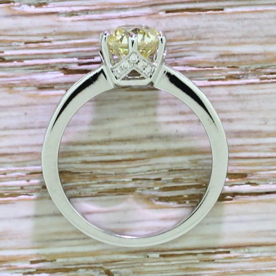 1.56 Carat Fancy Yellow Old Cut Diamond Gold Engagement Ring In New Condition For Sale In Theydon Bois, Essex