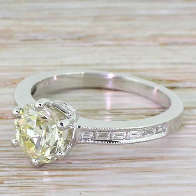 1.56 Carat Fancy Yellow Old Cut Diamond Gold Engagement Ring For Sale 1