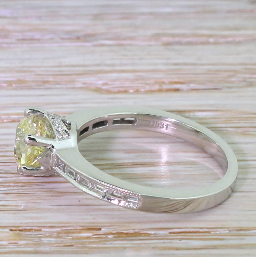 Art Deco 1.56 Carat Fancy Yellow Old Cut Diamond Gold Engagement Ring For Sale