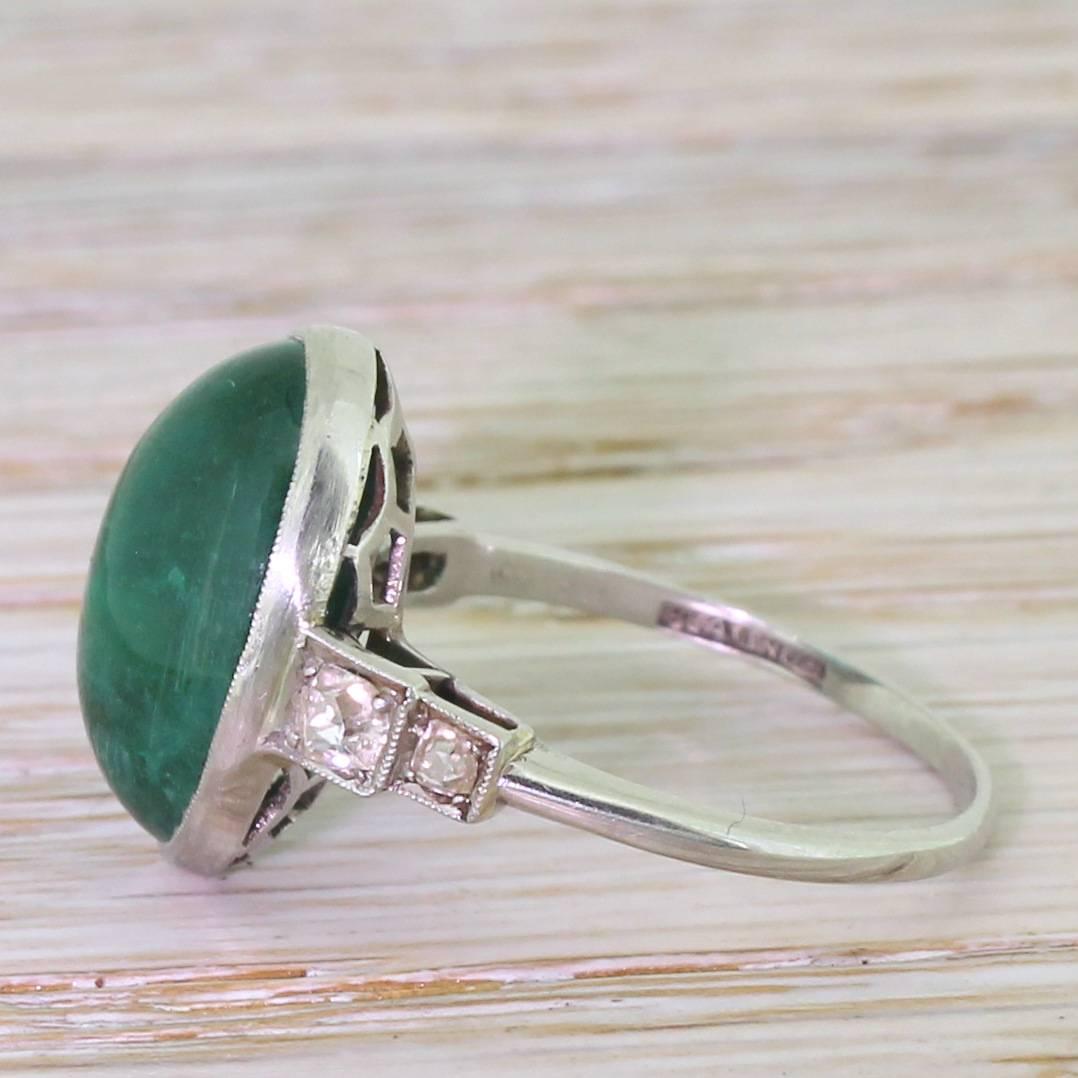 Edwardian 6.57 Carat Cabochon Emerald Platinum Ring In Excellent Condition In Theydon Bois, Essex