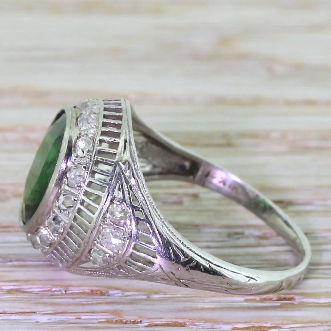 Art Deco 3.25 Carat Tsavorite Old Cut Diamond Platinum Ring In Excellent Condition For Sale In Theydon Bois, Essex