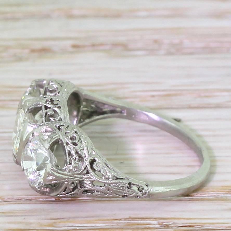 Women's or Men's Art Deco 1.98 Carat Transitional Cut Diamond Platinum Trilogy Ring