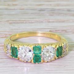 Edwardian 1.85 Carat Old Cut Diamond Emerald Gold Half Hoop Ring