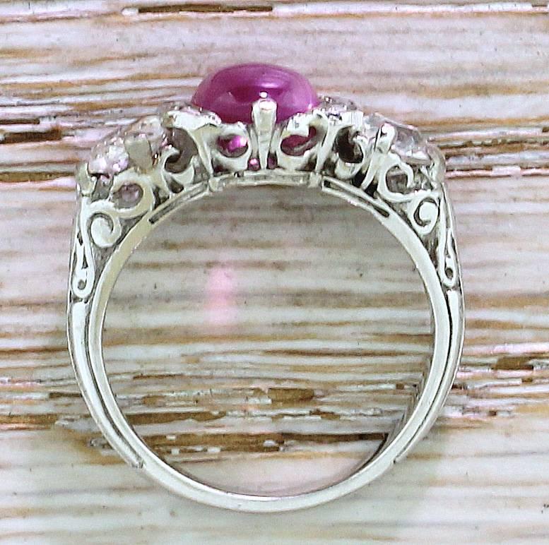Women's Art Deco 1.53 Carat Ruby Old Cut Diamond Gold Trilogy Ring