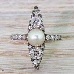 1870s Victorian Natural Pearl and Old Cut Diamond Silver Gold Navette Ring