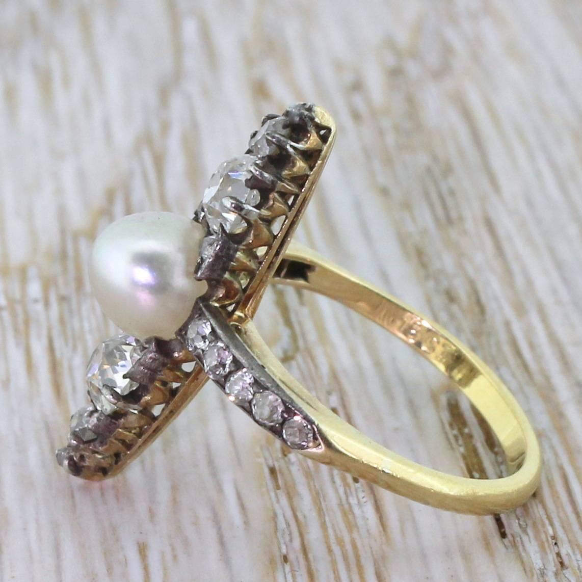 1870s Victorian Natural Pearl and Old Cut Diamond Silver Gold Navette Ring In Good Condition For Sale In Theydon Bois, Essex