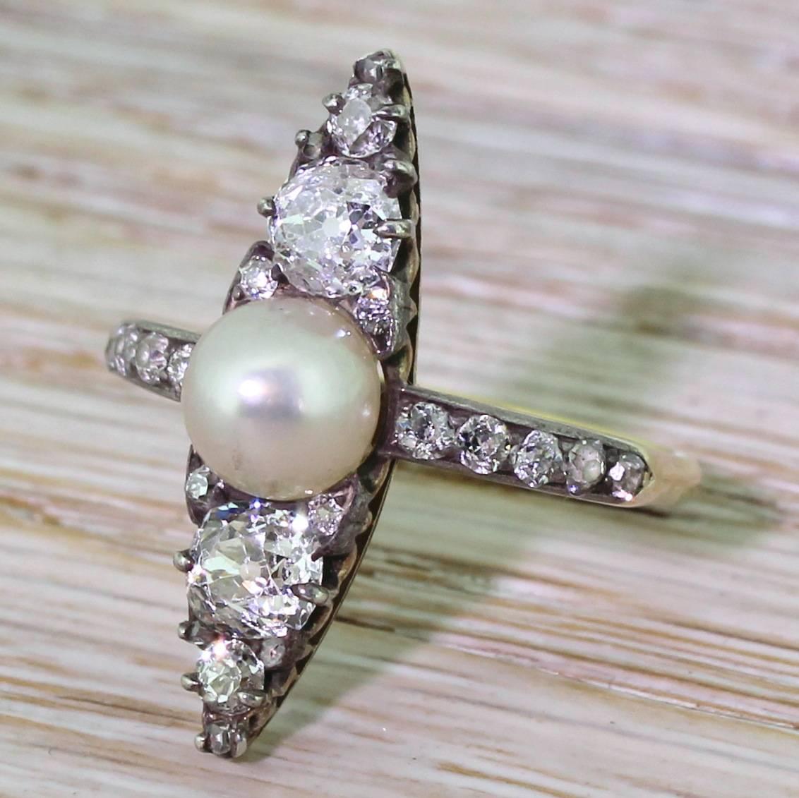 1870s Victorian Natural Pearl and Old Cut Diamond Silver Gold Navette Ring For Sale 2