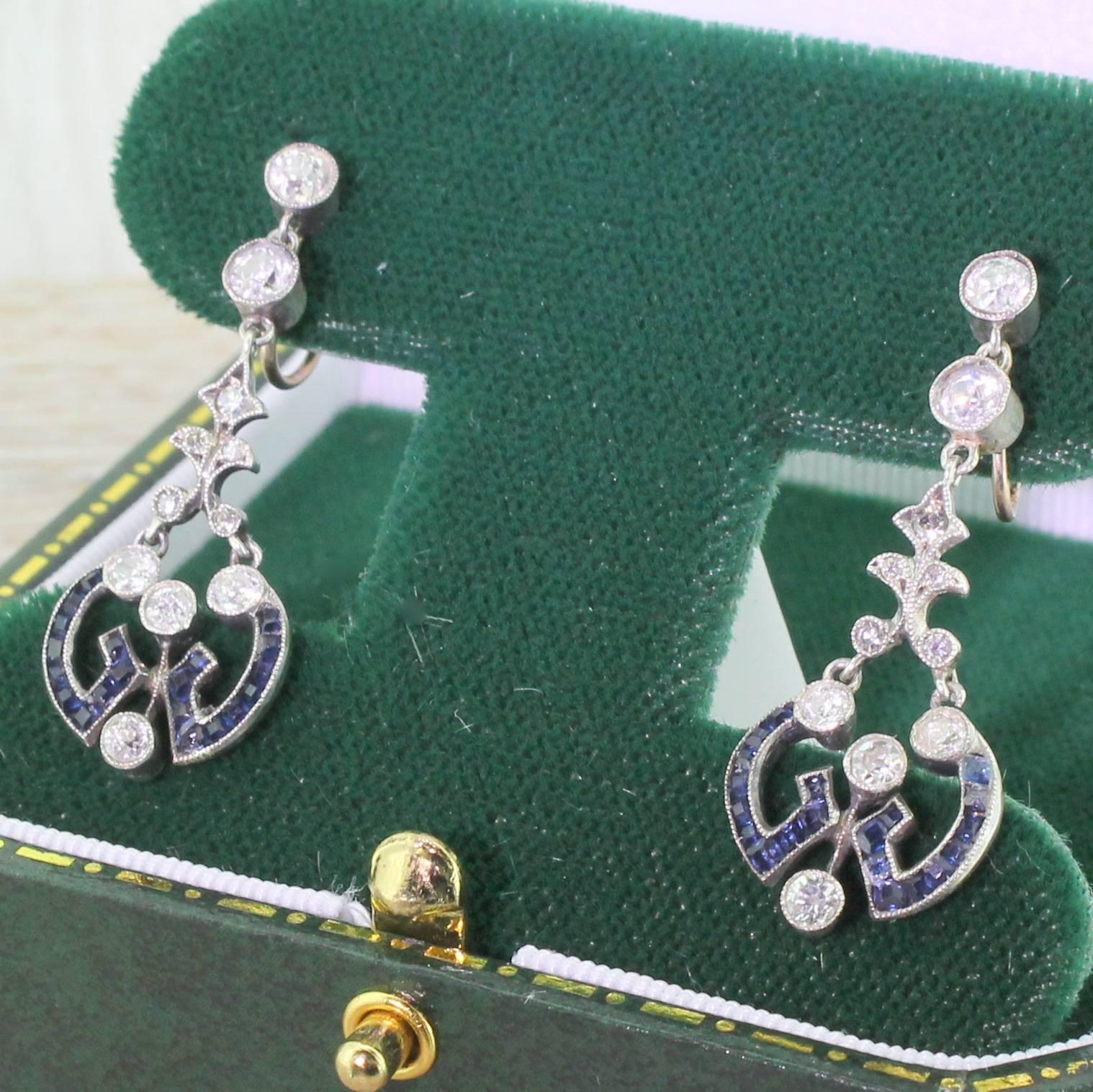 Victorian Sapphire Old Cut Diamond Silver Drop Earrings For Sale 3