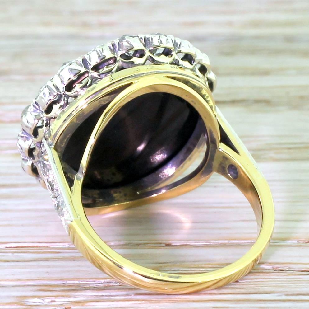 Women's Art Deco 4.40 Carat Old Cut Diamond Onyx Gold Platinum Cluster Ring For Sale