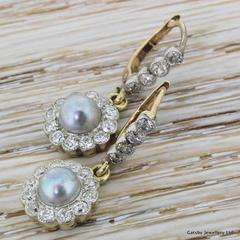 Victorian Grey Pearl & Old Cut Diamond Cluster Earrings, circa 1900