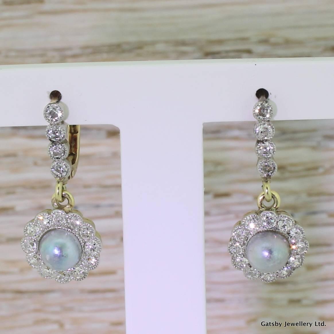 Victorian Grey Pearl & Old Cut Diamond Cluster Earrings, circa 1900 In Excellent Condition For Sale In Theydon Bois, Essex