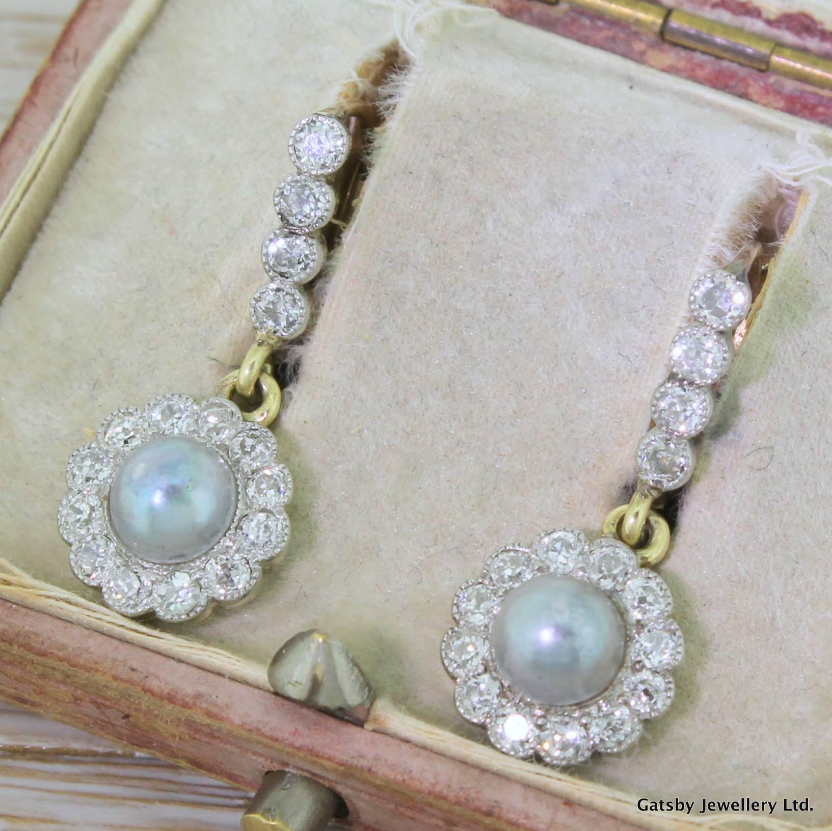 Victorian Grey Pearl & Old Cut Diamond Cluster Earrings, circa 1900 For Sale 4