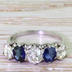 Art Deco 1.25 Carat Old Cut Diamond & Sapphire Platinum Five Stone Ring