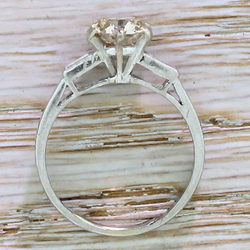 Women's Art Deco 1.67 Carat Light Cognac Old Cut Diamond Platinum Engagement Ring For Sale