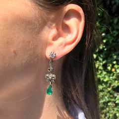 Victorian 2.20 Carats Colombian Emeralds Diamond Silver Bow Drop Earrings
