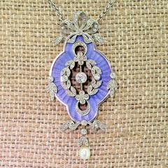1910s Edwardian Guilloché Enamel Pearl Diamond Gold Platinum Pendant