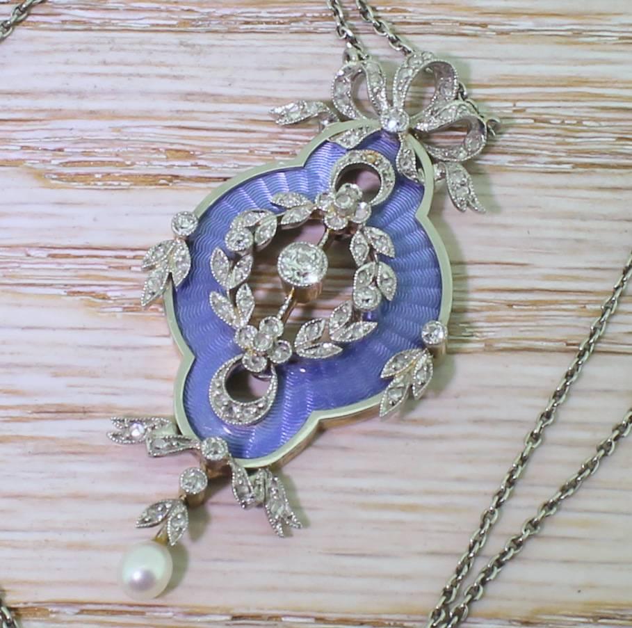 1910s Edwardian Guilloché Enamel Pearl Diamond Gold Platinum Pendant In Excellent Condition For Sale In Theydon Bois, Essex