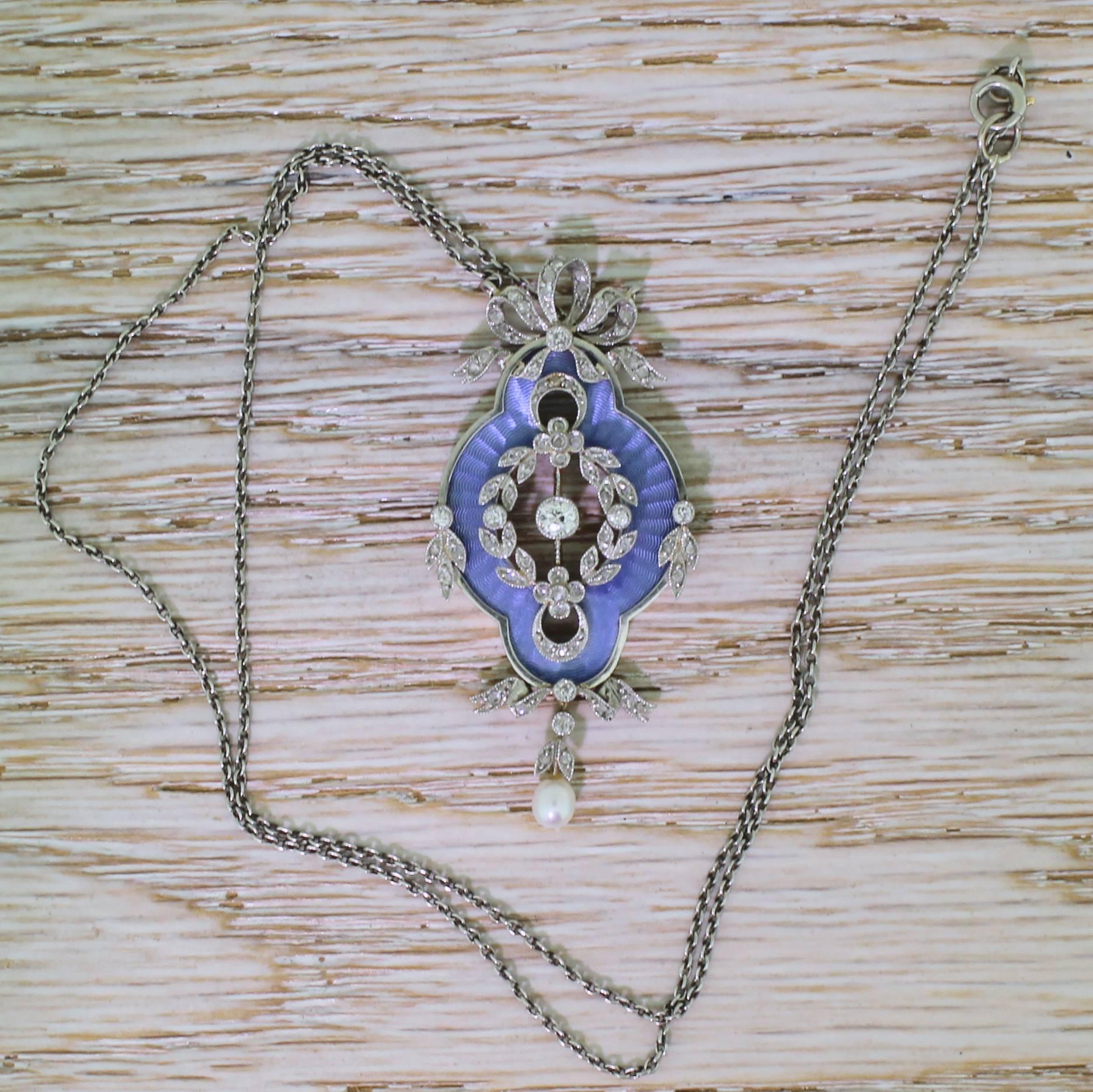 Women's 1910s Edwardian Guilloché Enamel Pearl Diamond Gold Platinum Pendant For Sale